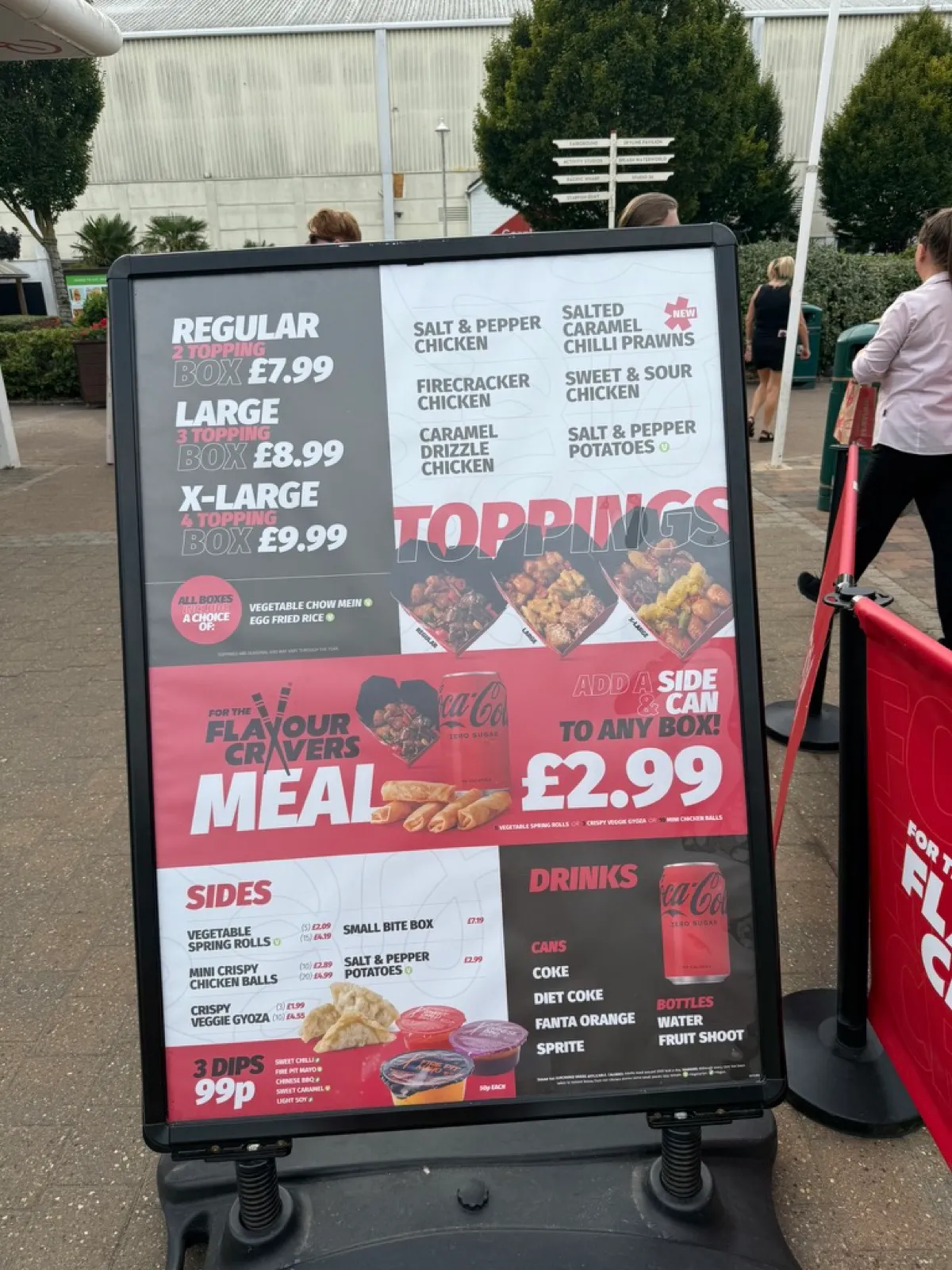 Chopstix menu board at Butlins Skegness showing box prices from £7.99 to £9.99 and a £2.99 meal upgrade