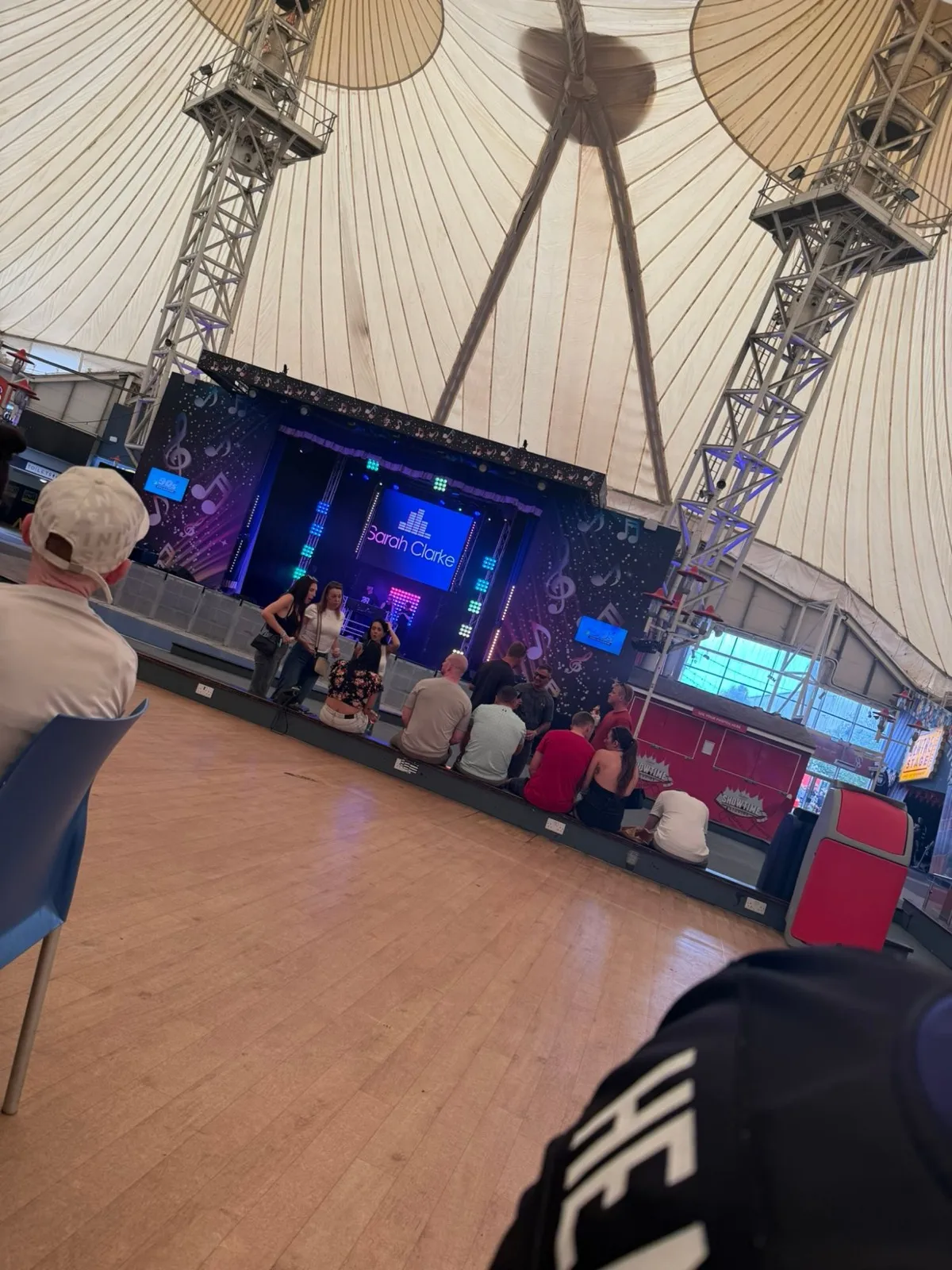 An empty dance floor in front of the Skyline Pavilion stage during a 90s Reloaded DJ set at Butlins Skegness