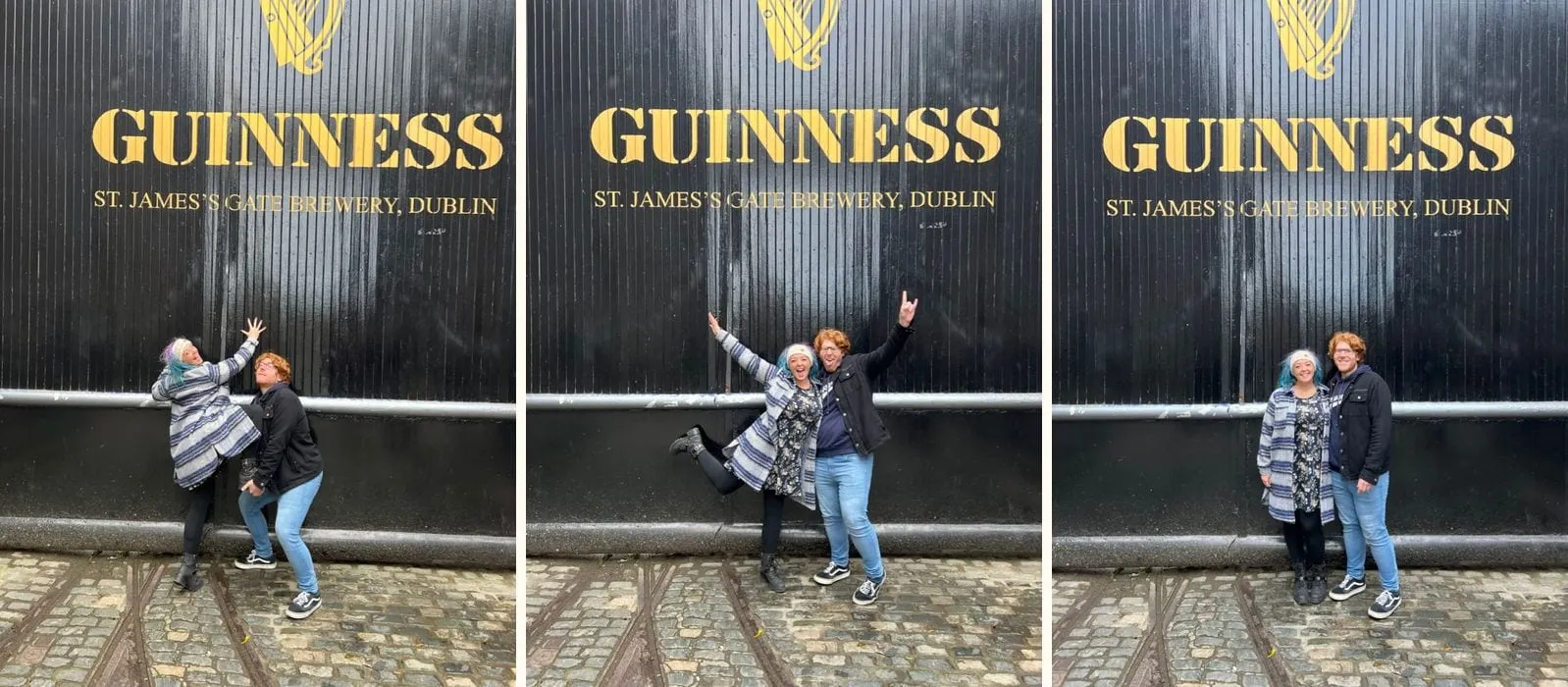 Three shots of the two of us at the black Guinness gates at St James's Gate Brewery in Dublin: pointing up at the sign, then arms in the air, then standing still like adults