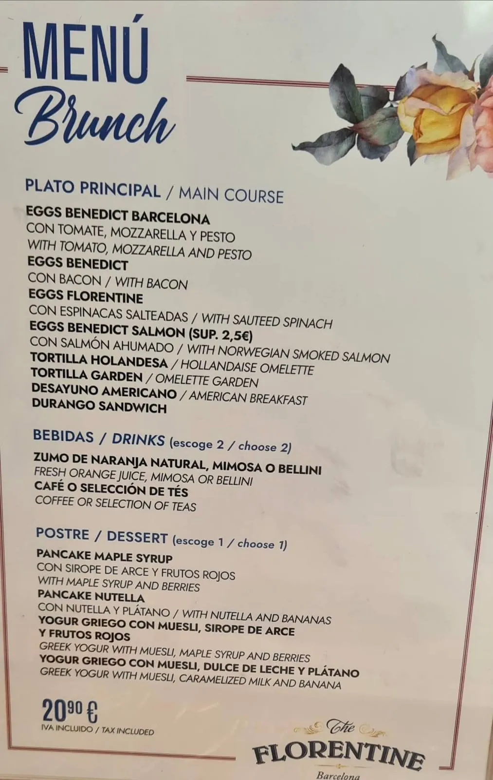 The Florentine's paper brunch menu, listing the main courses, the two drinks and the dessert included in the €20.90 deal