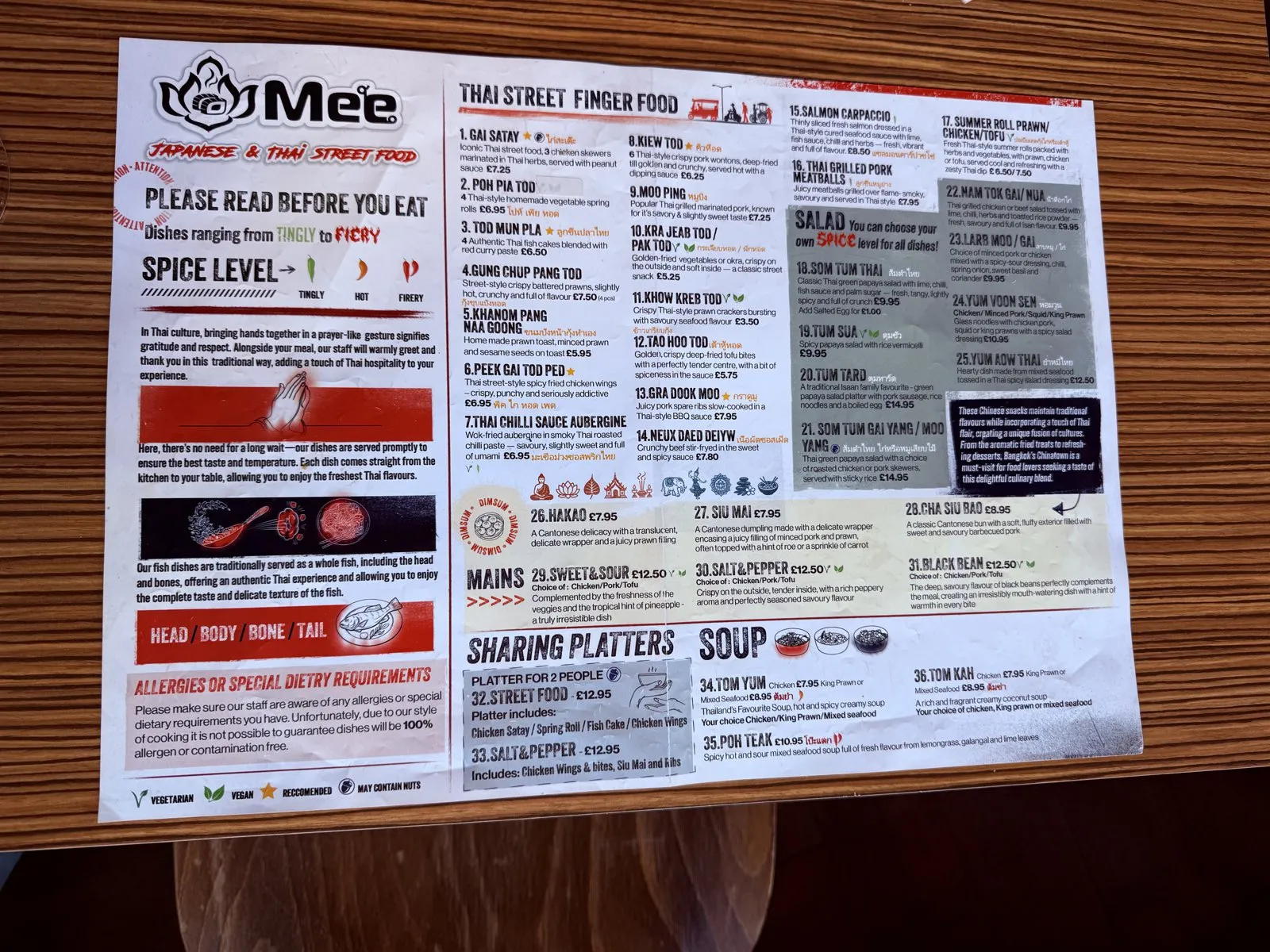 Front of the Mee Bold Street menu, showing Thai street finger food, salads, soup, sharing platters and the spice level guide.