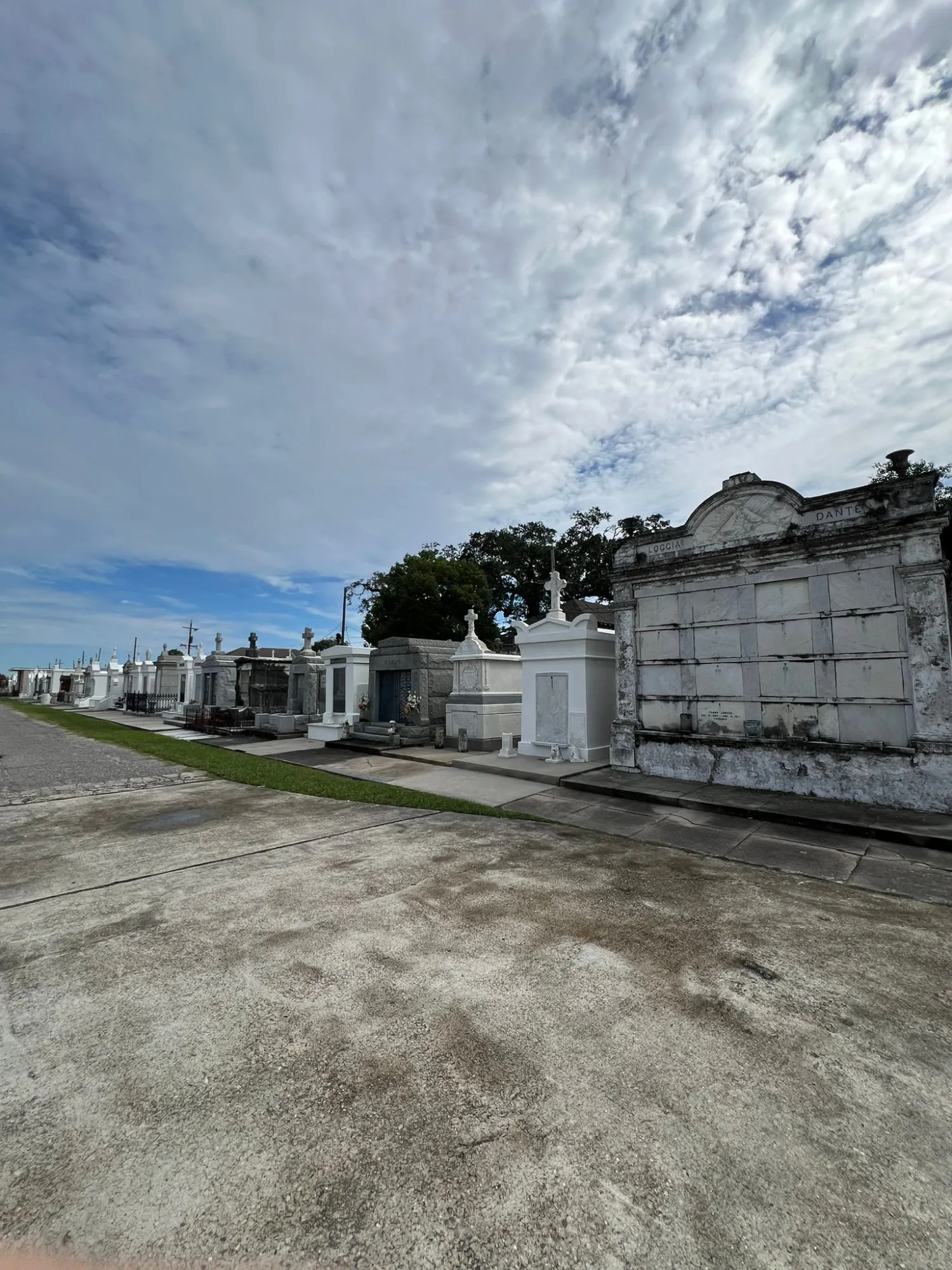 Rows of white above-ground tombs in a New Orleans cemetery, a large family vault in the foreground and oak trees behind, under a bright cloudy sky.